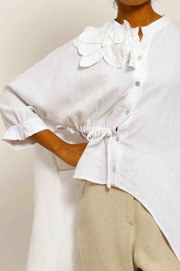 Linen Poncho Shirt - White - 6