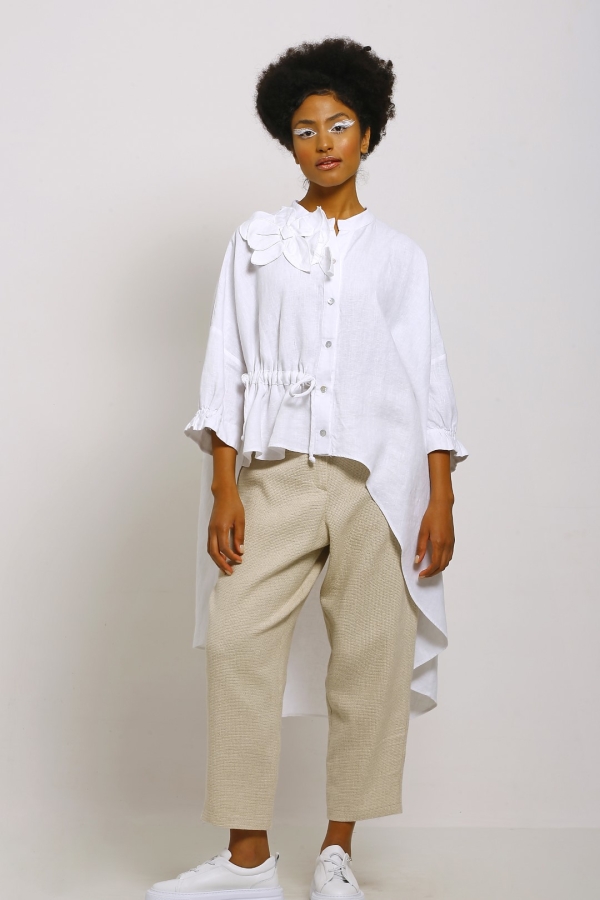 Linen Poncho Shirt - White - 1