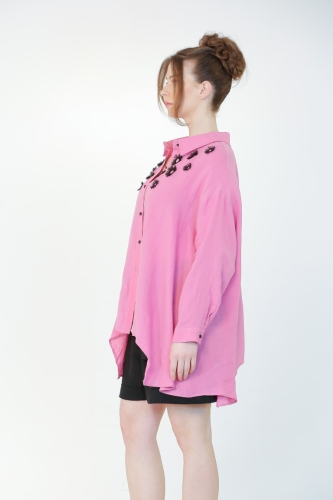 Linen Rose Embroidery Shirt - Pink - 4
