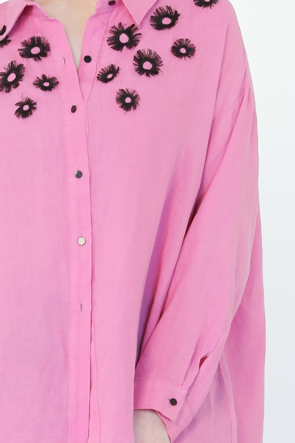 Linen Rose Embroidery Shirt - Pink - 5