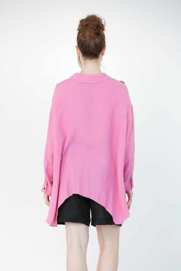 Linen Rose Embroidery Shirt - Pink - 6