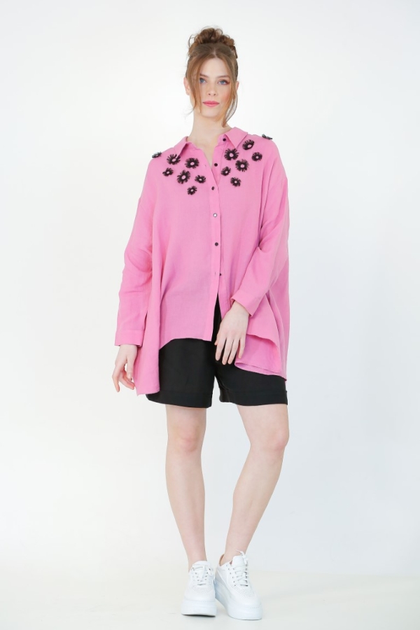 Linen Rose Embroidery Shirt - Pink - 1
