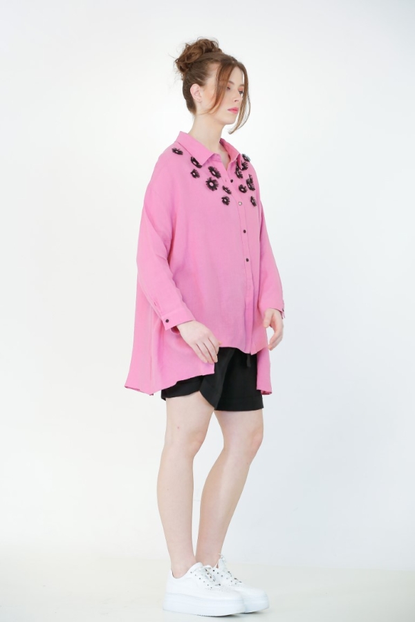 Linen Rose Embroidery Shirt - Pink - 2