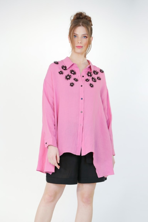 Linen Rose Embroidery Shirt - Pink - 3