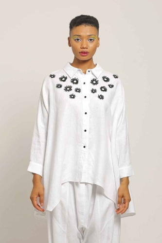 Linen Rose Embroidery Shirt - White 