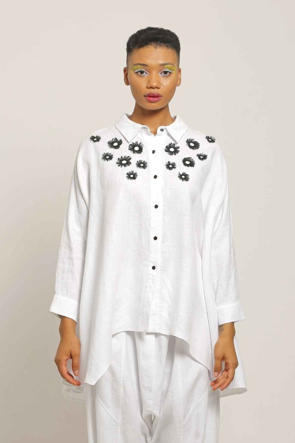 Linen Rose Embroidery Shirt - White - 1