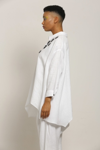 Linen Rose Embroidery Shirt - White - 3