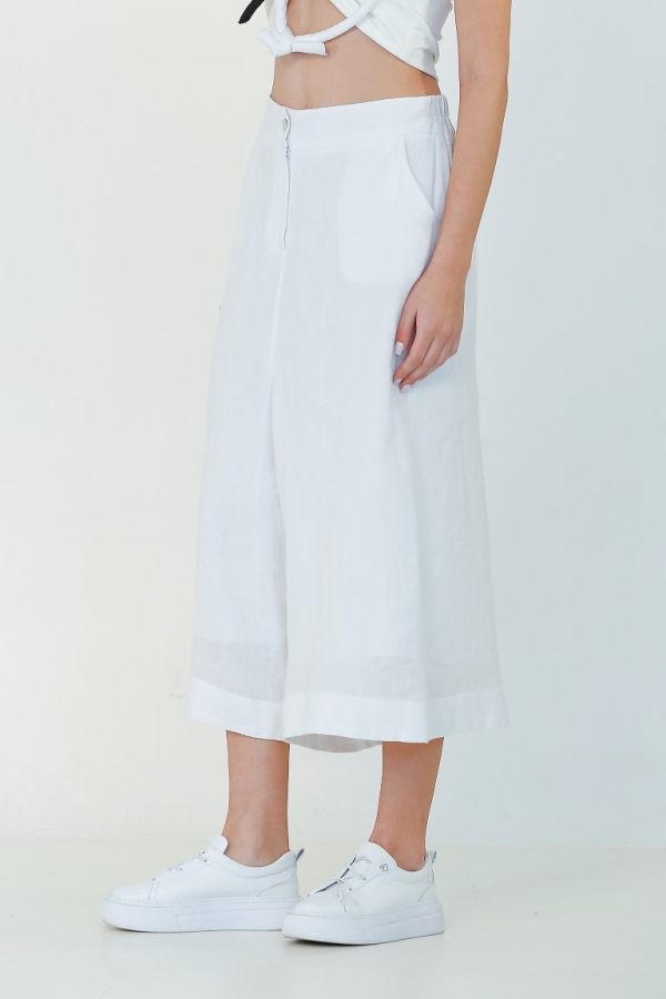 Loose Wide Leg Linen Pants - White - 5