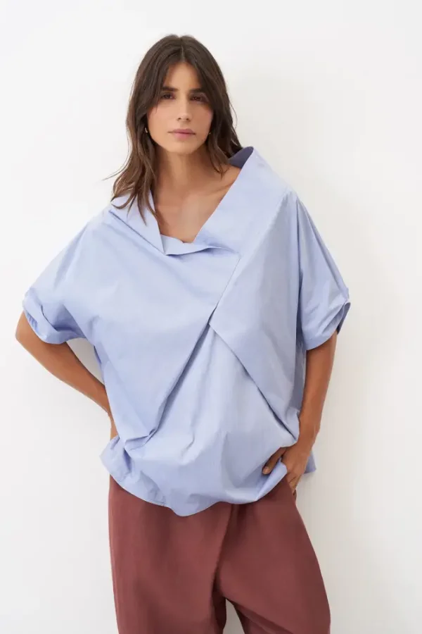 Mavi Asimetrik Yaka Dökümlü Geniş Kalamaki Bluz - BIZE (1)