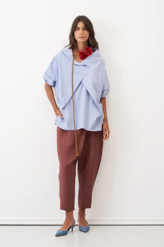 Mavi Asimetrik Yaka Dökümlü Geniş Kalamaki Bluz - BIZE (1)