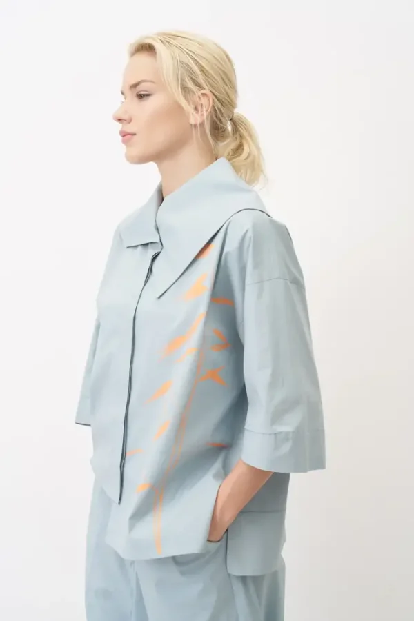 Mavi Bir Yanı Baskılı Büyük Yaka Symi Gömlek - 5