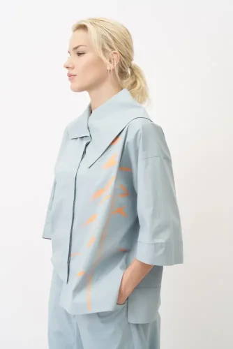 Mavi Bir Yanı Baskılı Büyük Yaka Symi Gömlek - 6