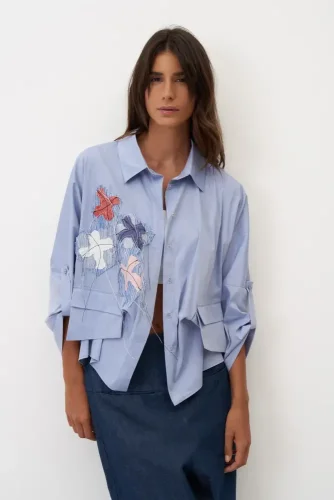 Mavi Dört Renkli Nakışlı Cepli Marmaro Gömlek - 2