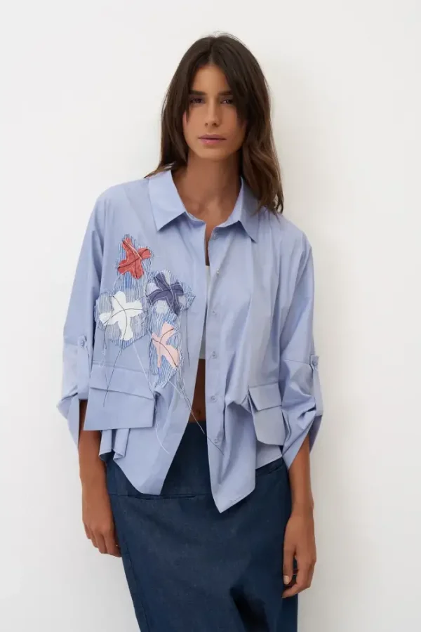 Mavi Dört Renkli Nakışlı Cepli Marmaro Gömlek - BIZE (1)