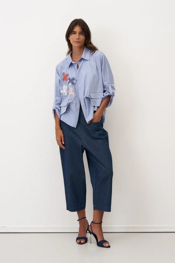 Mavi Dört Renkli Nakışlı Cepli Marmaro Gömlek - 1