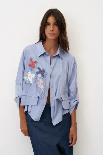 Mavi Dört Renkli Nakışlı Cepli Marmaro Gömlek - BIZE (1)