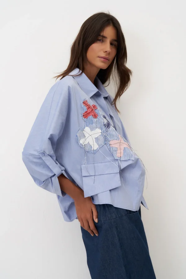 Mavi Dört Renkli Nakışlı Cepli Marmaro Gömlek - 5