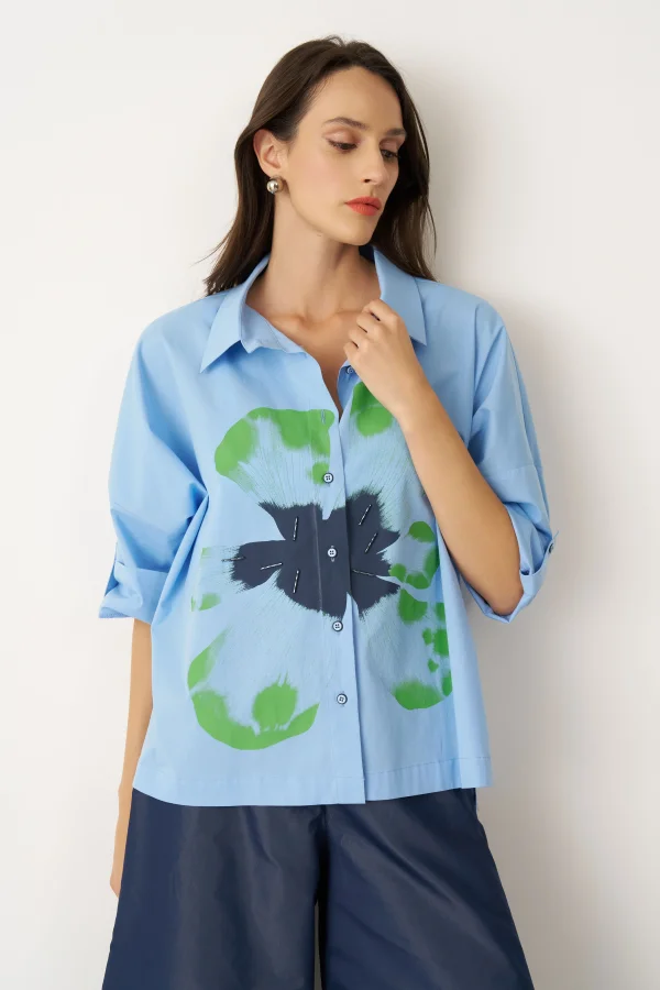 Mavi Önü Büyük Çiçek Baskılı Gavdos Gömlek - 2
