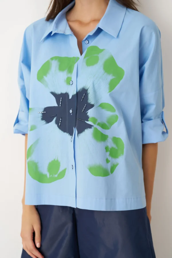 Mavi Önü Büyük Çiçek Baskılı Gavdos Gömlek - 3