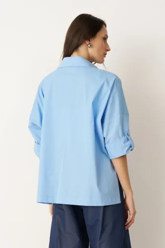 Mavi Önü Büyük Çiçek Baskılı Gavdos Gömlek - 5