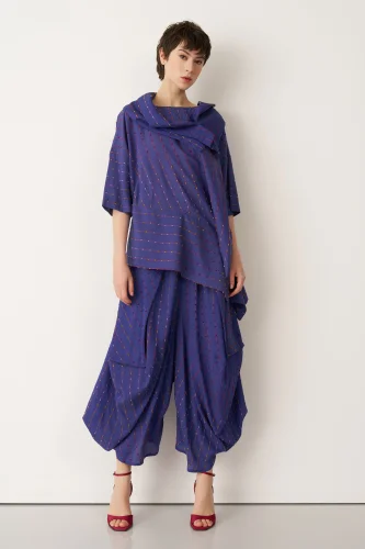 Mavi Renkli Dokulu Asimetrik Patmos Bluz - BIZE (1)