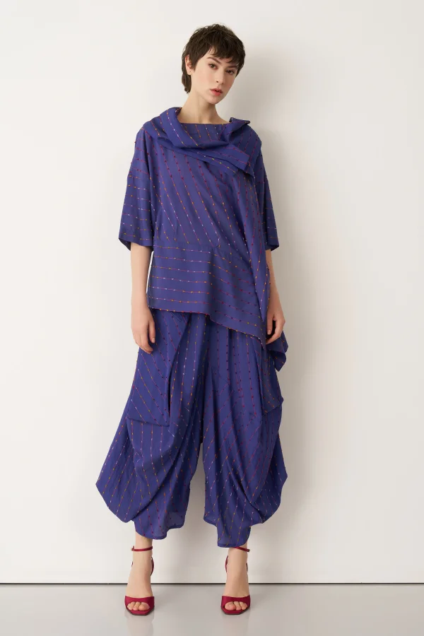 Mavi Renkli Dokulu Asimetrik Patmos Bluz - BIZE (1)