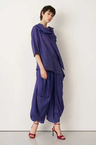 Mavi Renkli Dokulu Asimetrik Patmos Bluz - 4