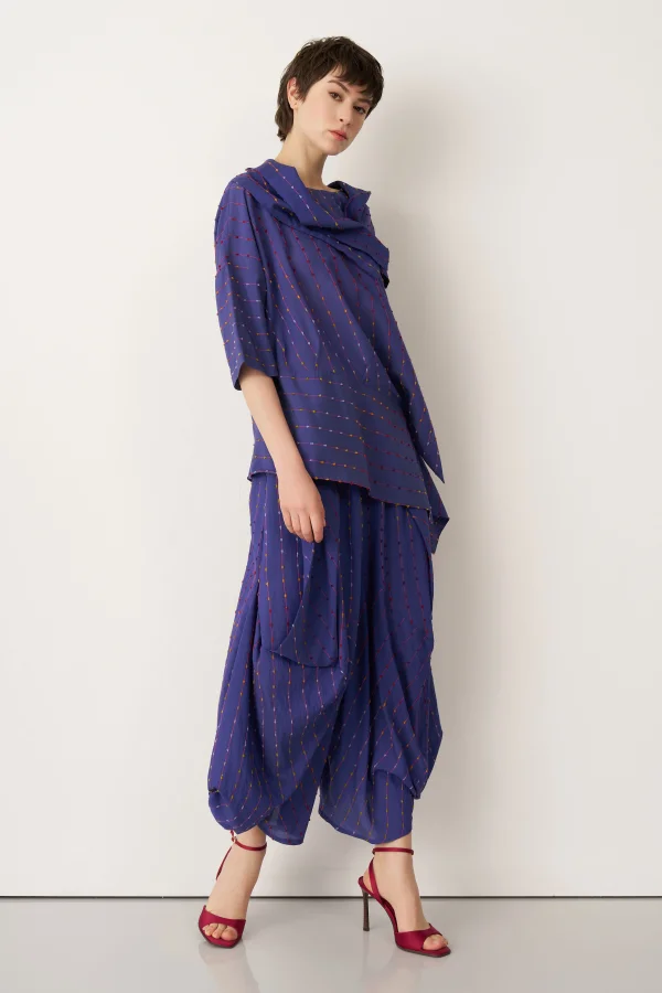 Mavi Renkli Dokulu Asimetrik Patmos Bluz - 4