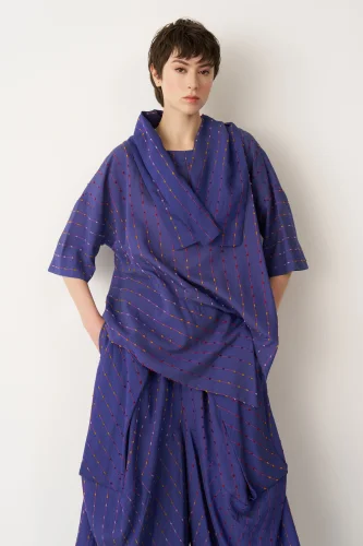 Mavi Renkli Dokulu Asimetrik Patmos Bluz - 1