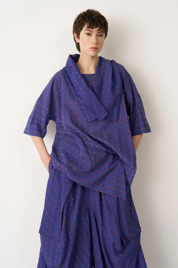 Mavi Renkli Dokulu Asimetrik Patmos Bluz - 1