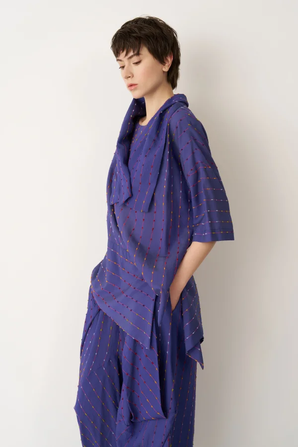 Mavi Renkli Dokulu Asimetrik Patmos Bluz - 3