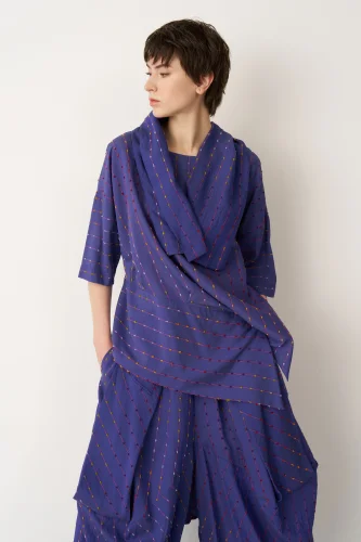 Mavi Renkli Dokulu Asimetrik Patmos Bluz - 5