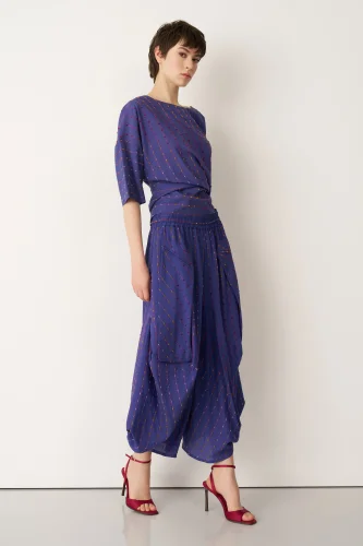 Mavi Renkli Dokulu Şalvar Tipi Patmos Pantolon - 2