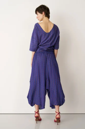 Mavi Renkli Dokulu Şalvar Tipi Patmos Pantolon - 4