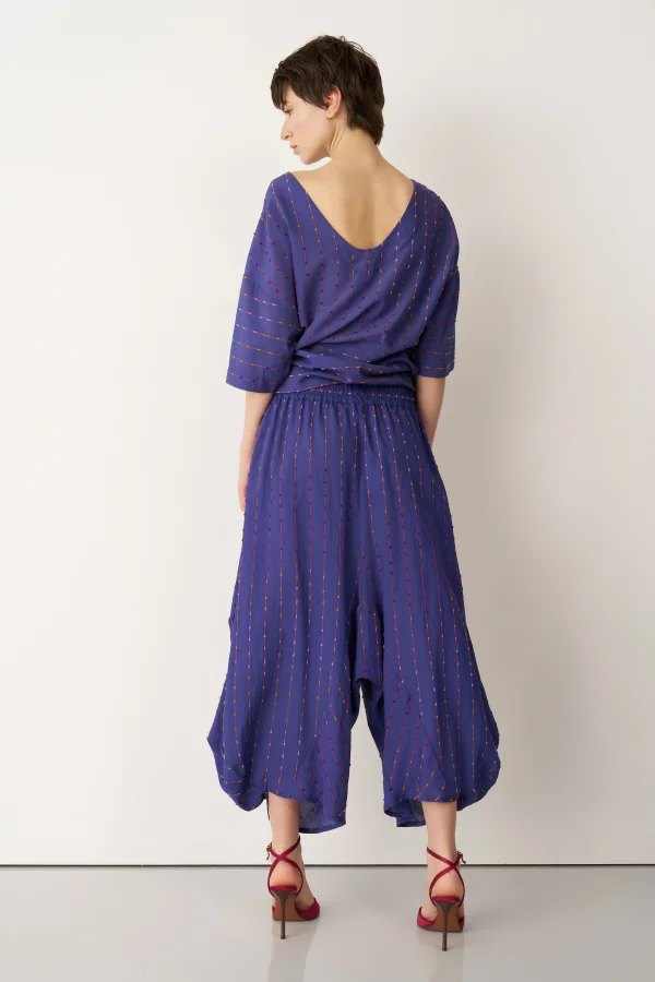 Mavi Renkli Dokulu Şalvar Tipi Patmos Pantolon - 4