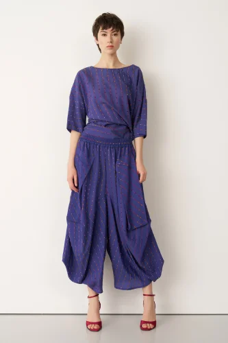 Mavi Renkli Dokulu Şalvar Tipi Patmos Pantolon - 1