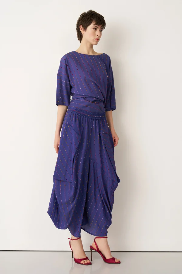 Mavi Renkli Dokulu Şalvar Tipi Patmos Pantolon - 3