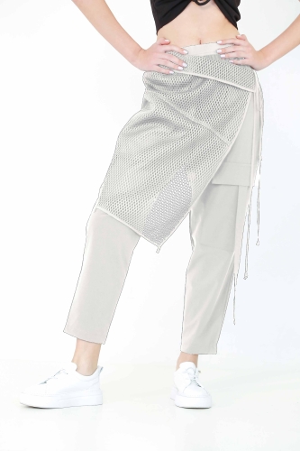 Mesh-Accented Pants - Beige 