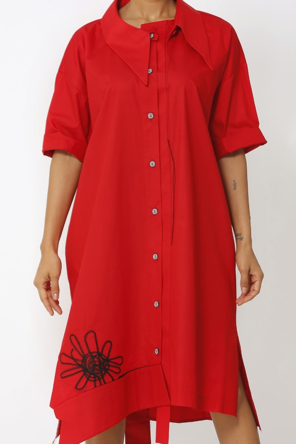Nakışlı Gömlek Elbise - Kırmızı - 5
