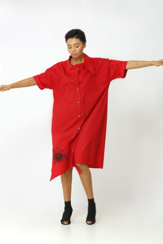 Nakışlı Gömlek Elbise - Kırmızı - 2