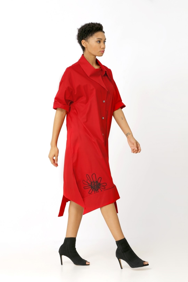 Nakışlı Gömlek Elbise - Kırmızı - 3