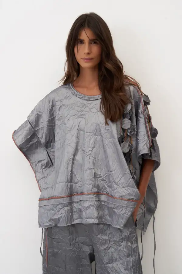 Omuzu Kolyeli Kırışık Vido Bluz - Gri - 2