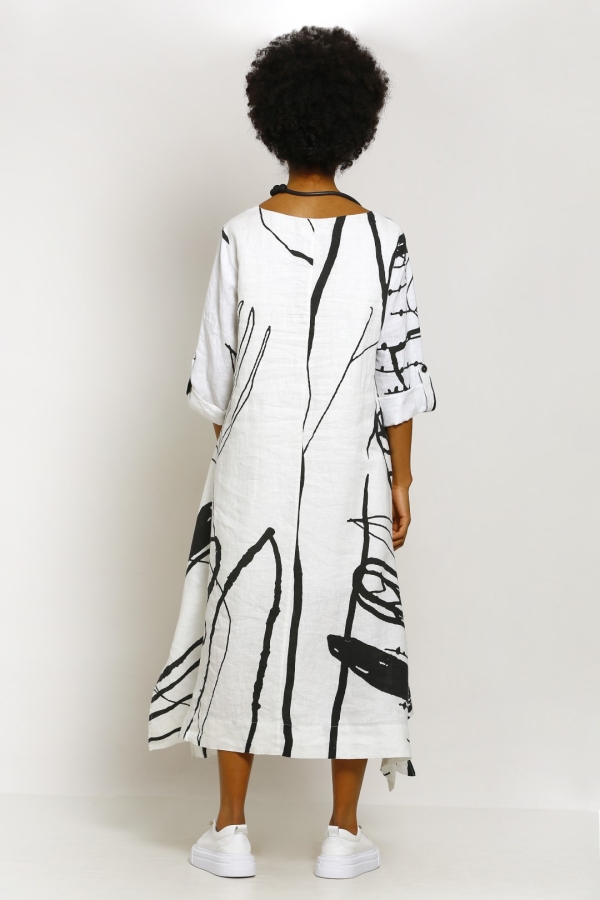 Pattern Printed Linen Dress - 4