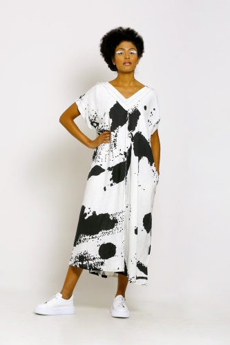 Patterned Linen V-Neck Dress - Patterned - 2