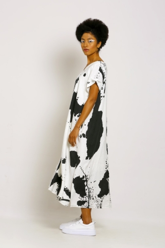 Patterned Linen V-Neck Dress - Patterned - 3