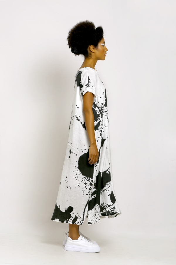 Patterned Linen V-Neck Dress - Patterned - 4