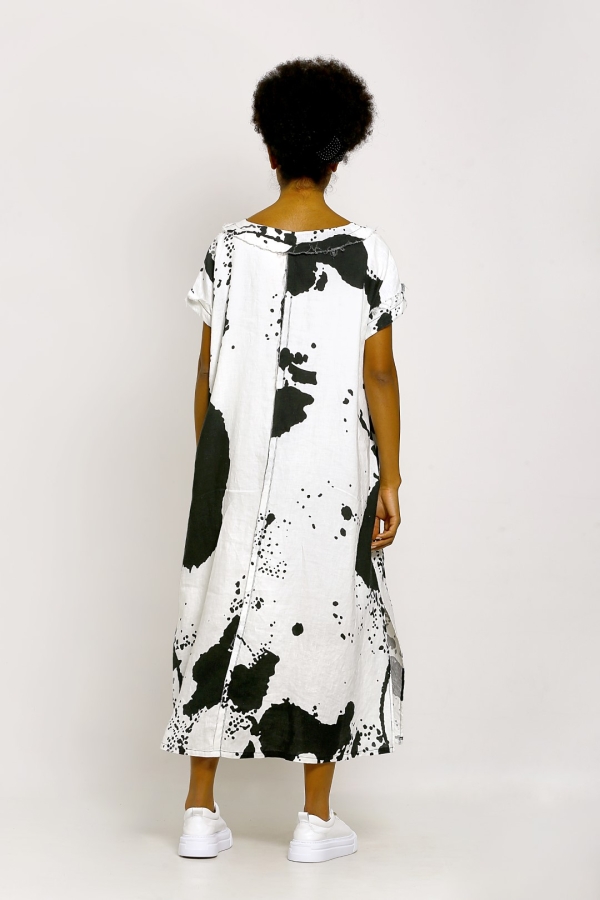 Patterned Linen V-Neck Dress - Patterned - 5