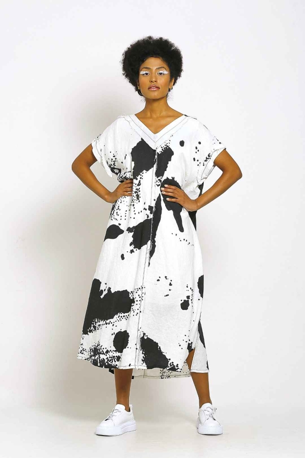 Patterned Linen V-Neck Dress - Patterned - 1