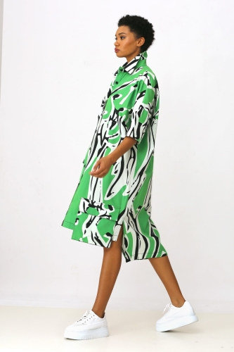 فستان قميص فضفاض منقوش - أخضر - 3