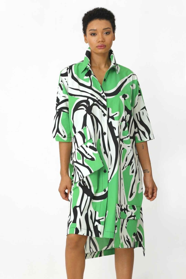 فستان قميص فضفاض منقوش - أخضر - 2